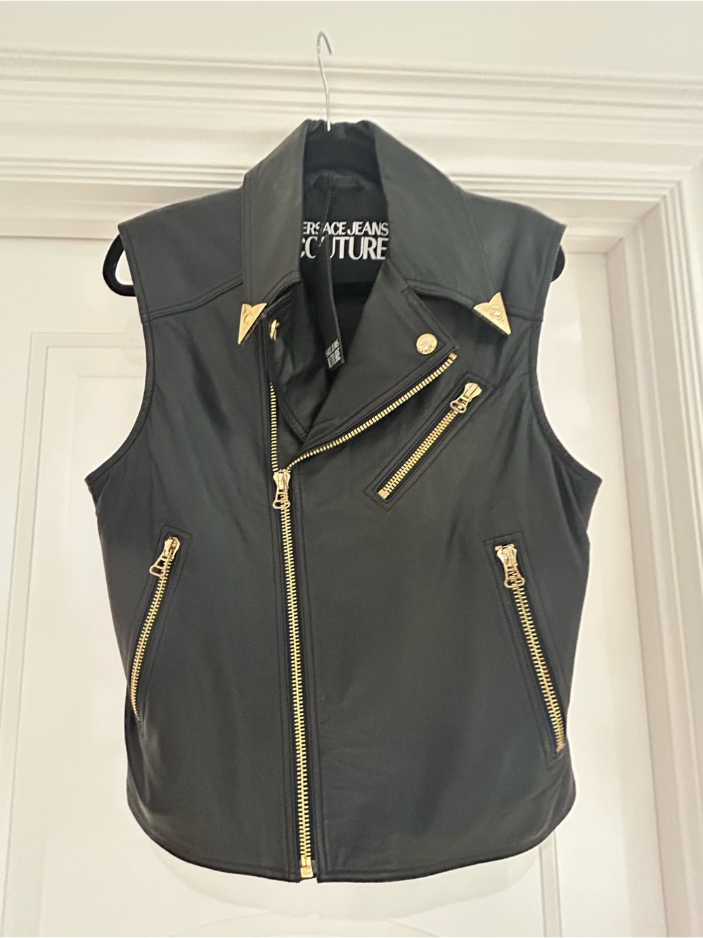 Versace Jeans Couture Black Leather Vest with Gold Hardware